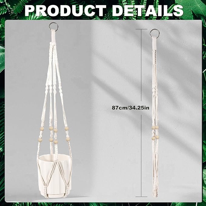 Macrame Plant Hanger, Hanging Planter Basket with Wood Beads, Decorative Boho Flower Pot Holder for Indoor and Outdoor, Ivory, 35 Inch Set of 2 (POTS NOT Included)