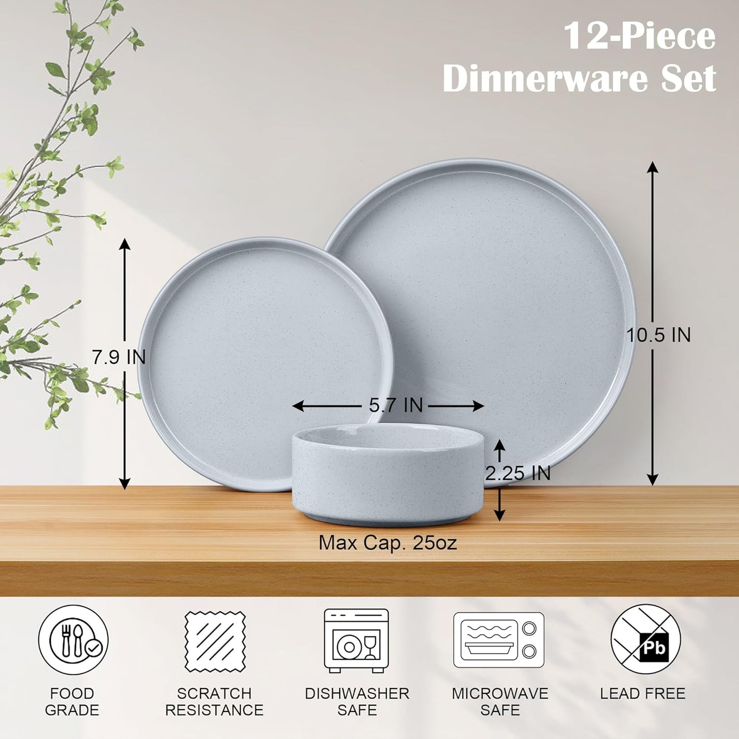 E-far Stoneware Dinnerware Sets, 12-Piece Plates and Bowls Dish Set for 4, Kitchen Modern Dinning Ware, Chip and Scratch Resistant, Microwave & Dishwasher Safe, Speckled Gray