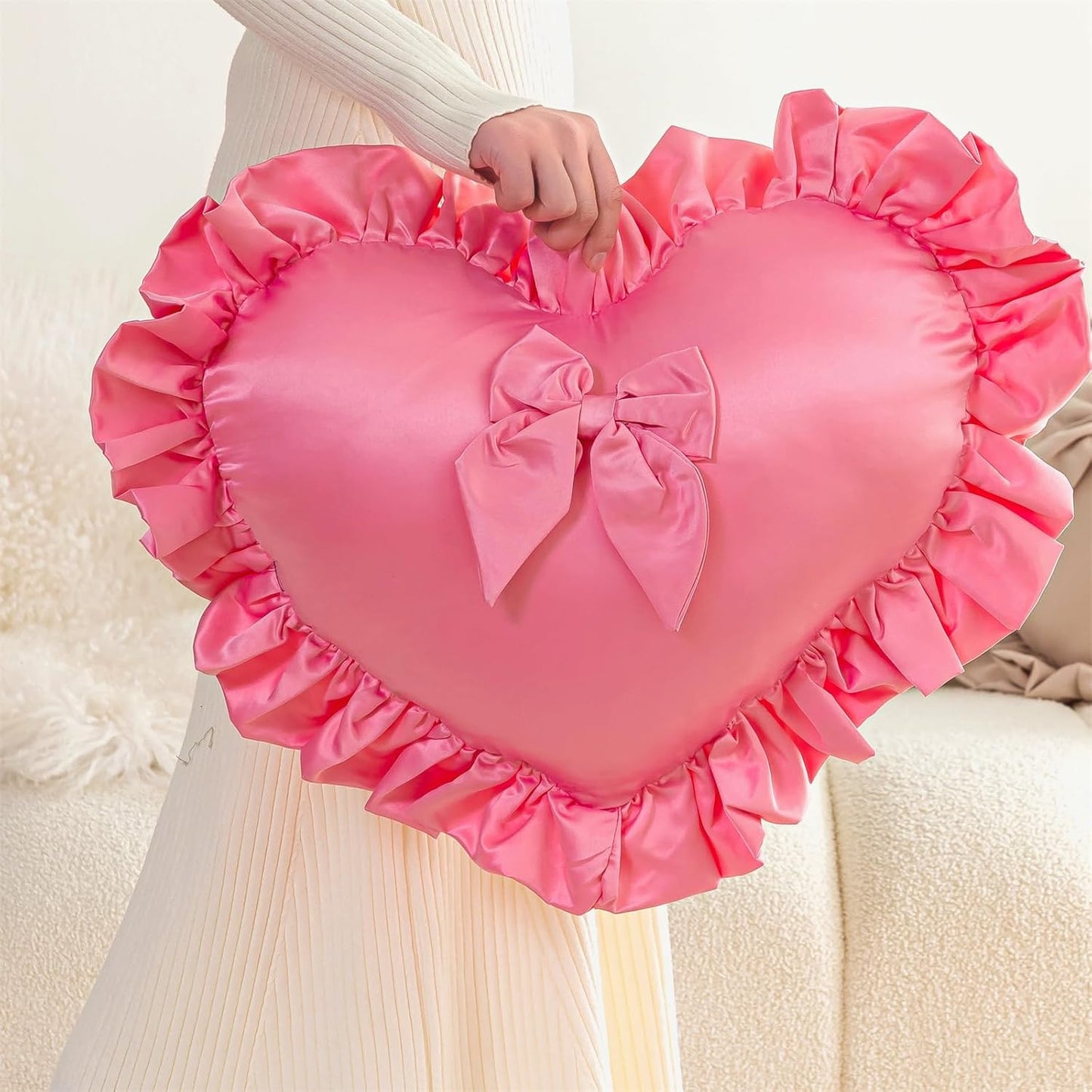 Heart Pillows, Cute Ruffled Heart Shaped Throw Pillows with Bow Soft Stuffed Love Decorative Pillow Cushion for Sofa Couch Bed Girl Room Chair Car Living Room, Rose Red