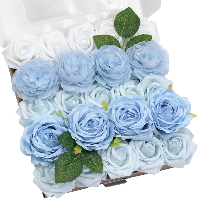 TINGE TIME Light Blue Artificial Flowers Combo Box Set Gradient Color Fake Flower Leaf with Stems for DIY Wedding Bouquets Table Centerpieces Baby Shower Home Party Floral Arrangements Decorations
