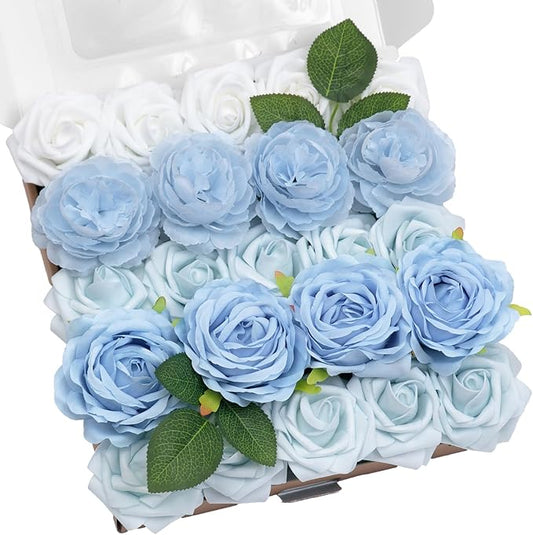 TINGE TIME Light Blue Artificial Flowers Combo Box Set Gradient Color Fake Flower Leaf with Stems for DIY Wedding Bouquets Table Centerpieces Baby Shower Home Party Floral Arrangements Decorations