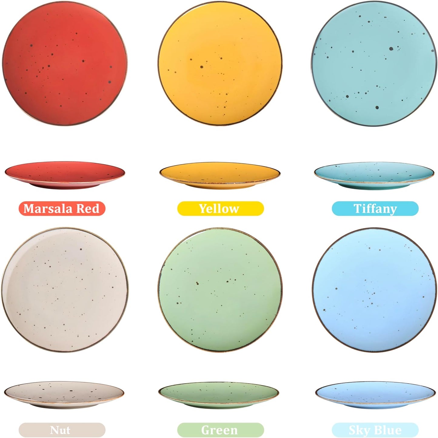 Dessert Plates 8.7 Inch Set of 6 - Microwave, Oven, Dishwasher Safe, Scratch Resistant, Porcelain. Durable Small Dishes for Salad, Dessert, and Side Dishes - Vivid Assorted Colors