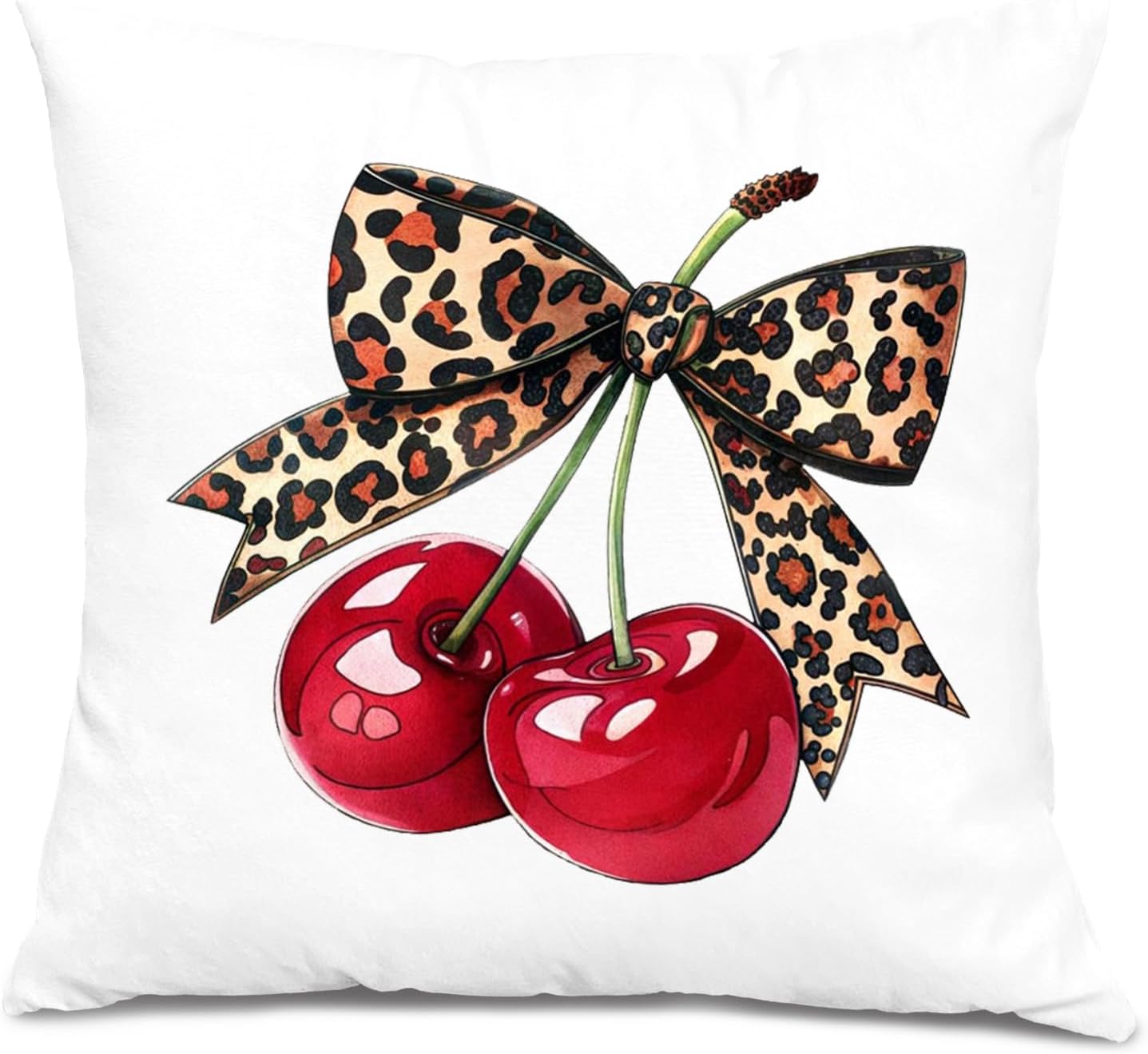 Coquette Leopard Bow Cherry Pillow Covers 18x18, Coquette Cheetah Print Room Decor, Preppy Girly Trendy Leopard Ribbon Cherry Decorative Throw Pillow Covers for Girls Dorm Apartment