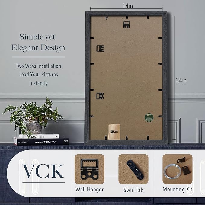 VCK 14x24 Frame for Poster & Picture - Black Oak 3 Pack, Natural Textured Solid Wood Frame, Wall Hanging