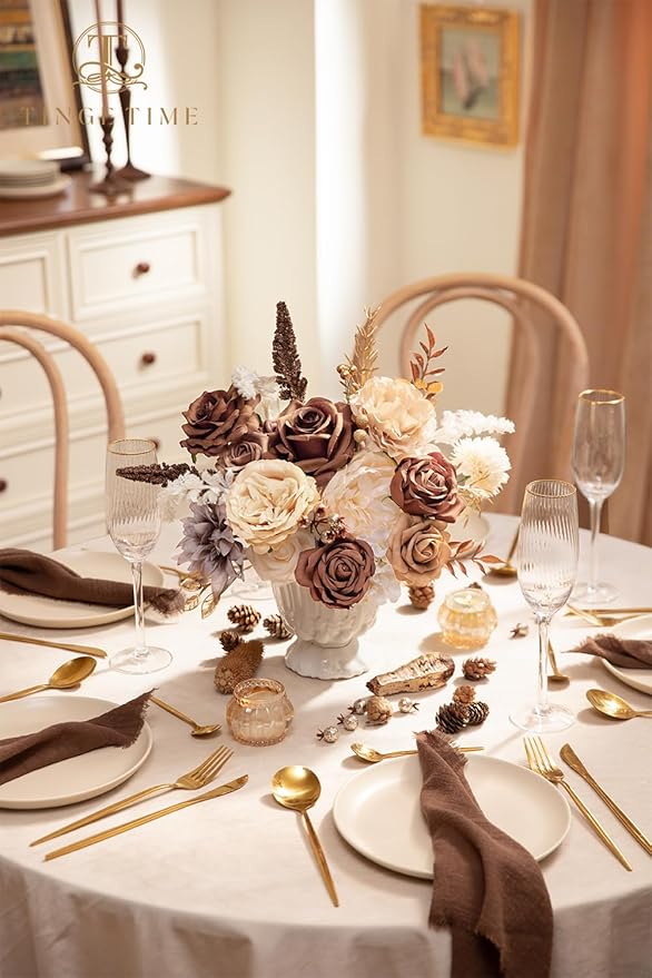 TINGE TIME Silk Fake Flowers Combo, Fake Foam Roses with Stems for DIY Wedding Bouquets Centerpieces Baby Shower Party Home Decorations(Brown & Nude Color)