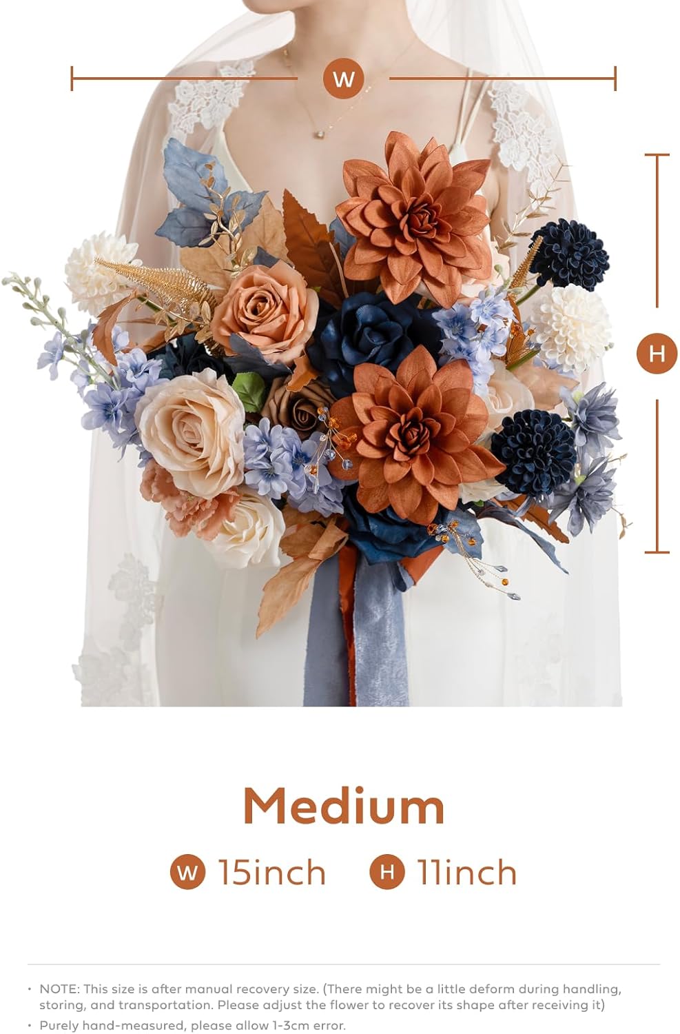 Ling's moment Blue and Orange Wedding Bouquets for Bride, Navy Orange Bridal Bouquets for Bride, 15 Inch Free Form Artificial Wedding Flowers Bouquets
