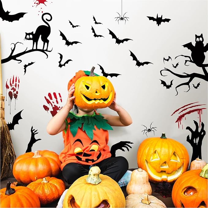 HLNIUC Gothic Style Halloween Wall Decal 45PCS Halloween Bloody Handprint Footprint Scary Indoor Decoration Horrible Bat Cat Halloween Window Clings Happy Halloween Room Wall Stickers for Kid Bedroom