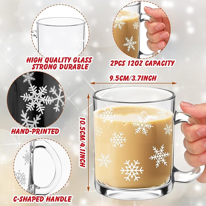 Tioncy 2pcs Christmas Snowflake Glass Coffee Mugs with Handle 12oz Christmas Snowflake Glass Cup Winter Holiday Mugs for Xmas Home Office Gifts