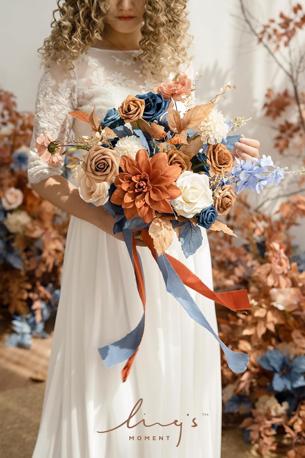 Ling's moment Blue and Orange Wedding Bouquets for Bride, Navy Orange Bridal Bouquets for Bride, 13 Inch Free Form Artificial Wedding Flowers Bouquets