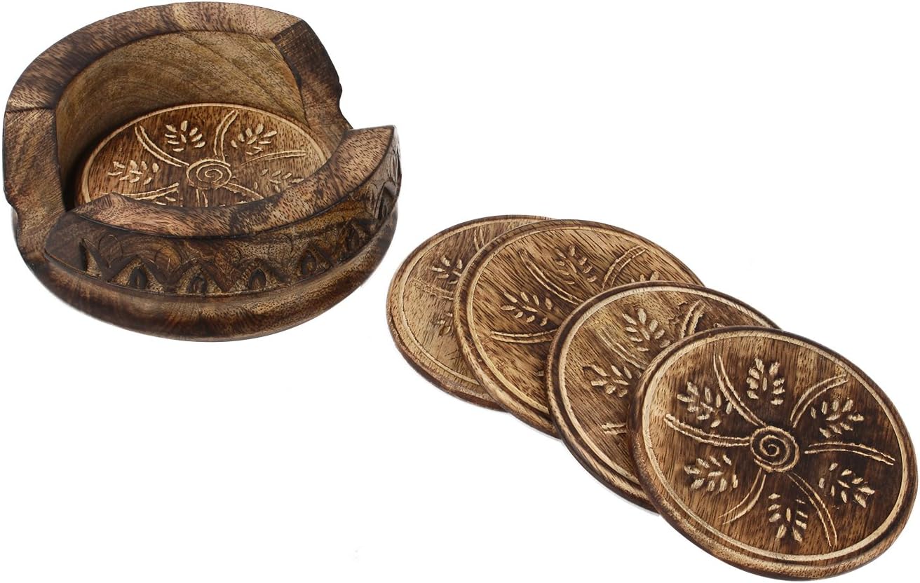 GoCraft Wooden Coasters Set of 6 | Handmade Drink Coasters with Lotus Shaped Holder in Rustic Wood Design Carving