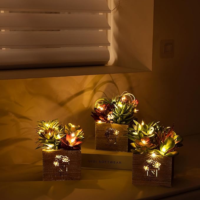 Mingfuxin Succulents Plants Artificial with Light, Small Fake Plants in Pots for Home Decor, Potted Decorative Succulents Plants for Table Desk Bathroom Office Room Decor