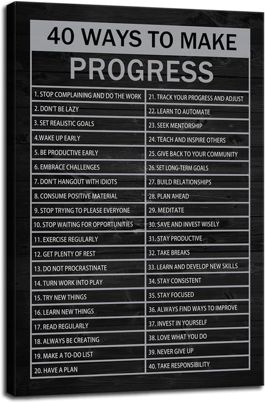 Inspirational Canvas Wall Art 40 Ways to Make Progress Motivational Posters Prints Modern Home Decor Painting Artwork for Living Room Bedroom Pictures Framed Ready to Hang[12" W X 18" H]