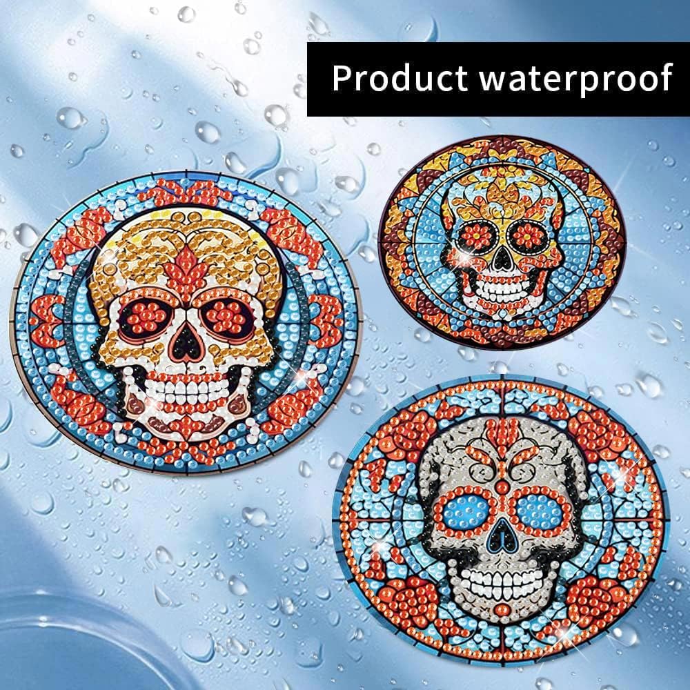 Meothan 8 Pcs Diamond Art Coasters Kits for Adults with Holder Cork Pads, Skull Diamond Dots Art Painting Coasters Crafts Kit for Home Office Decor (Stained Glass Style)