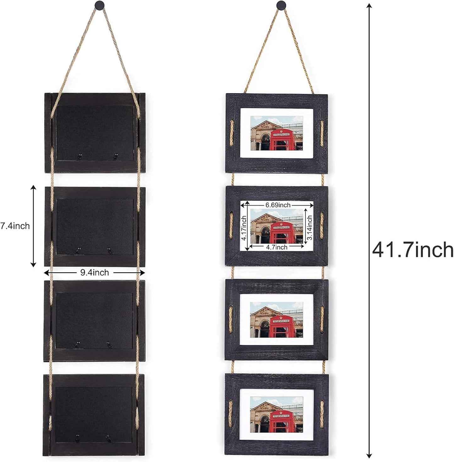 DLQuarts 5x7 Hanging Picture Frames Collage Wall Decor, 4-Opening, 3.5x5 With Mat or 5x7 Without Mat, Rustic Solid Wood Multi Picture Frames for Family, 1 Pack, Weathered Black