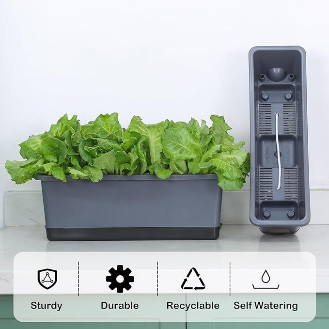 Window Box Planter 4 Packs, 17 Inches Rectangle Flower Pots with Drainage Holes & Trays, Pots for Vegetables, Herbs, Flowers, Garden Windowsill Balcony (Grey, 17 * 5.1 * 6 inch)