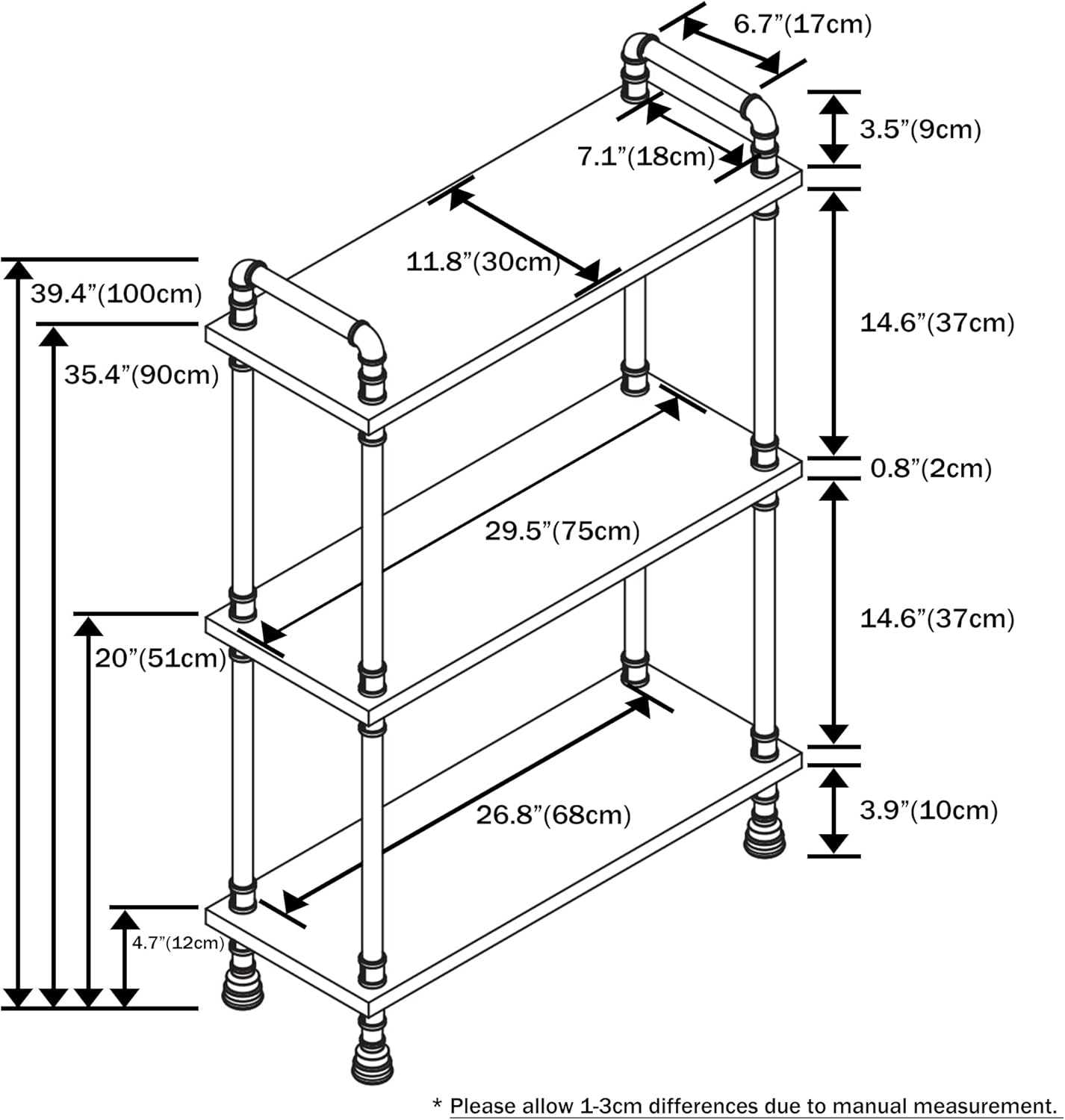 Industrial Bookshelf, 3 Tier Pipe Shelving, Industrial Pipe Shelf - Weathered Brown, 29.5" L x 11.8" W x 39" H