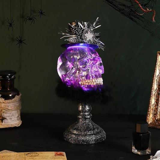 VCUTEKA Halloween Skull Head Light Indoor Decoration Skull Statue Halloween Sculptures with Magic Hat for Party Horror Decoration Holiday Decor Figurines Gift