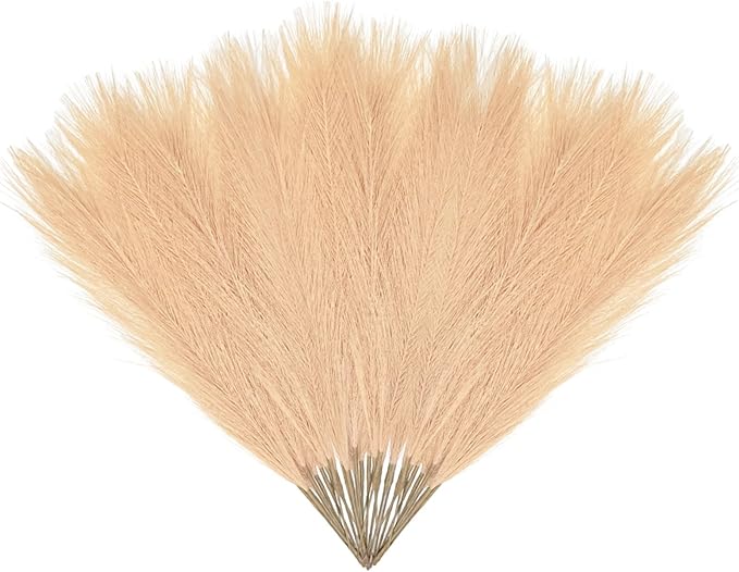 30 Pcs Khaki Faux Pampas Grass, 17 Inches Artificial Pampas Grass Bulk, Short Fluffy Faux Pompas for Vase Filler, Home Boho, Wedding Anniversaries, Baby Shower Decoration