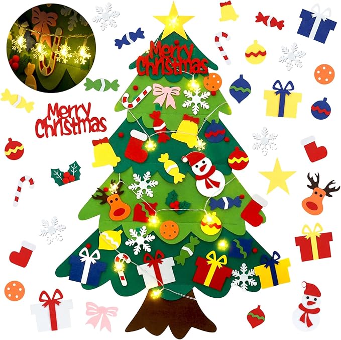 YEAHBEER Felt Christmas Tree for Kids, 3.2FT Felt Christmas Tree for Toddlers, 32 Detachable Ornaments, Toddlers Wall Hanging Decorations, Luminous Snowflake Bulb, DIY Felt Xmas Decor