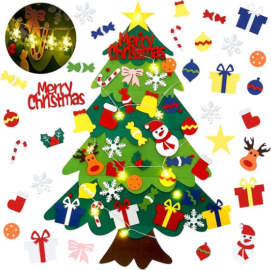 YEAHBEER Felt Christmas Tree for Kids, 3.2FT Felt Christmas Tree for Toddlers, 32 Detachable Ornaments, Toddlers Wall Hanging Decorations, Luminous Snowflake Bulb, DIY Felt Xmas Decor