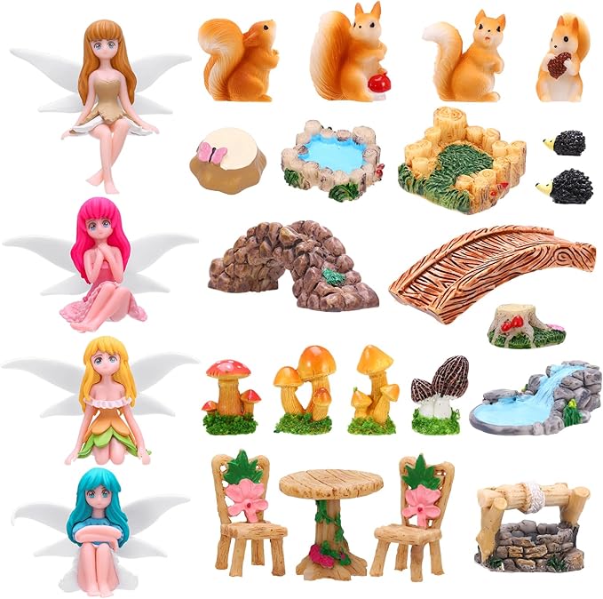 25Pcs Fairy Garden Accessories, Miniature Garden Ornaments Landscape Decorations Mini Fairy Figures Animal Plant Furniture Set for DIY Terrarium Potted Plants Dollhouse Desk Decor