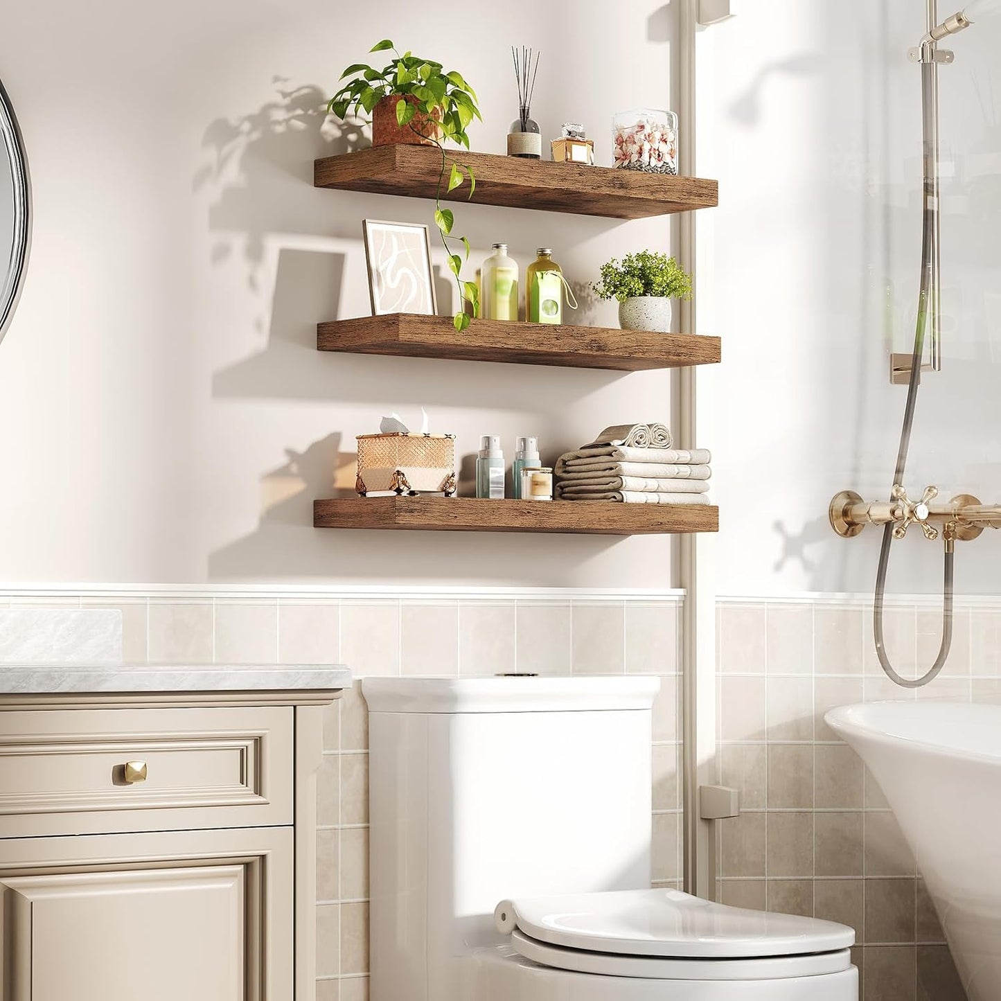 Floating Shelves for Wall, 1.5" Thick Wall Shelf Set of 3 with Invisible Brackets, 23.6L x 7.9W Hanging Shelves Farmhouse Home Decor for Bathroom, Living Room, Bedroom, Rustic Brown 6301BJP3BF