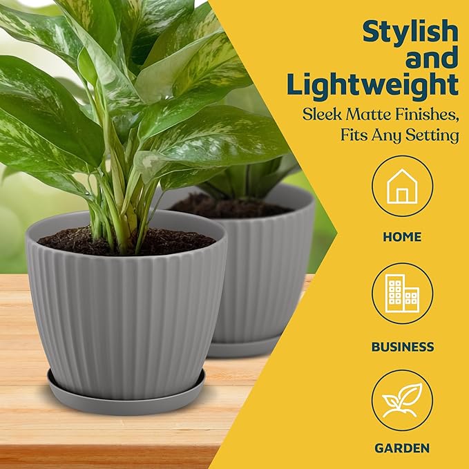 Gray 6-Inch Plant Pots with Drainage & Saucers 12 Pack, Indoor & Outdoor Planters for Houseplants, Herbs, and Flowers, Durable & Weatherproof Material, Stackable, Lightweight, Minimalist Design