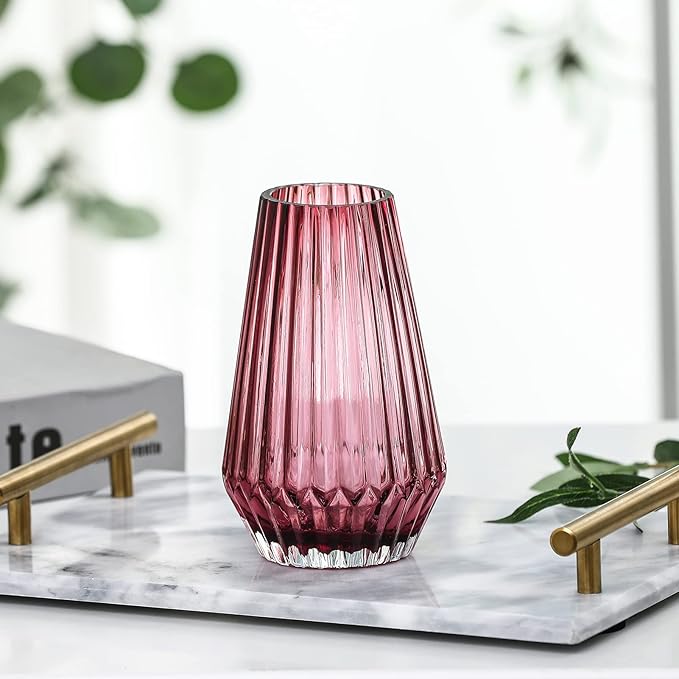 G Fusuma Red Glass Flower Vase for Table Centerpiece, High-Grade Decorative Flower Vase for Bouquets,Mantel and Shelf Display, Dining Table Centerpiece, Living Room Office Decoration, 6" Tall