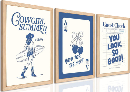 Blue Preppy Canvas Wall Art Set of 3, Coastal Cowgirl Pictures Wall Decor Paintings, Trendy Cherry Guest Check Poster Prints Aesthetic Home Decor for Teen Girls Bedroom Dorm 12x16 inch Framed