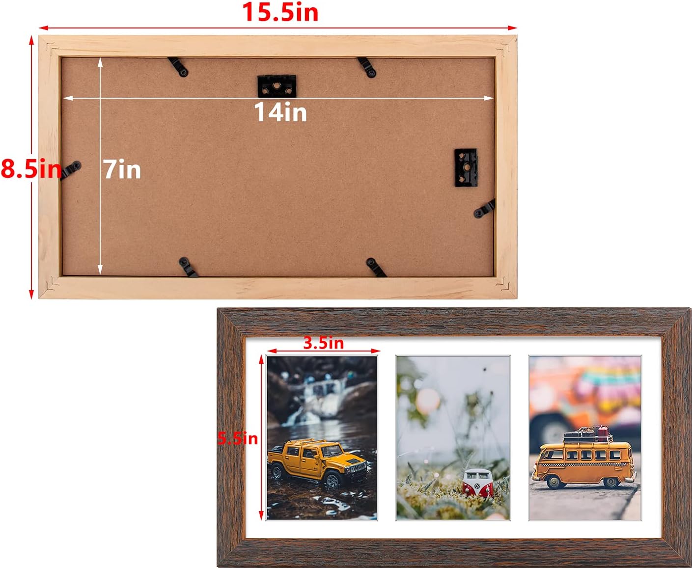 Golden State Art, Set of 2, 7x14 Distressed Brown Wood Frame - 3-Opening White Mat for 4x6 Pictures - Portrait or Landscape Wall Mounting - Sturdy And Easy To Install - Real Glass
