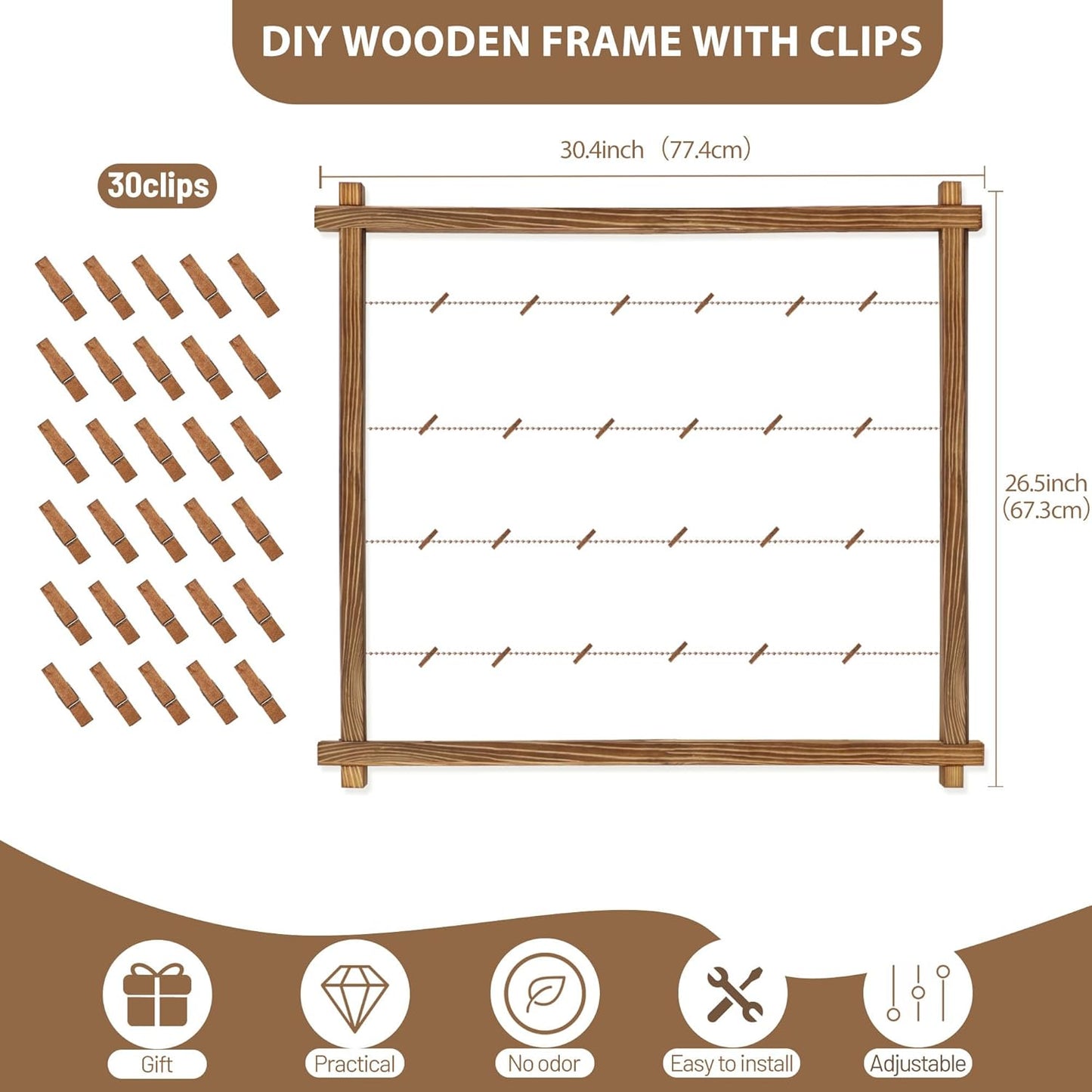 Collage Picture Frame,Photo Display Board,Hanging Pictures Frames with Clips for Graduation Birthday Party,Dorm Photo Card Wall Decor Hanger Holder,Upgraded,Easy To Assemble,Large(Carbonized Brown)