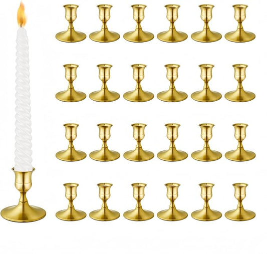 Vintage Brass Gold Taper Candle Holders, Set of 24, Metal Taper Candlestick Holder for Dinner Room Table Centerpiece, Wedding Reception, Festive,Mantel Decoration, Home Decor