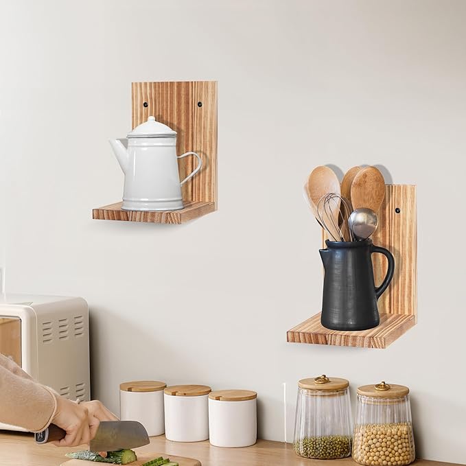 Small Wall Shelf,L-Shaped Small Floating Shelves for Plants Speaker Table Lamp Display,Wooden Ledges Indoor Modern Midcentury Decorative for Gallery Living Room Porch,Pine,2 Pack（Carbonized Brown）