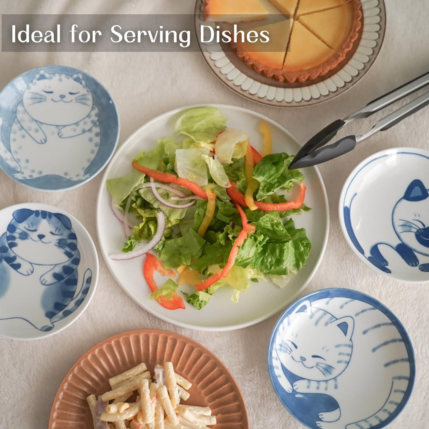 Dessert Salad Serving Plate Set Ceramic Cute Cats Design, 5.31inch x 1.06inch (13.5㎝×2.7㎝) Plates Set of 4, Mino Ware