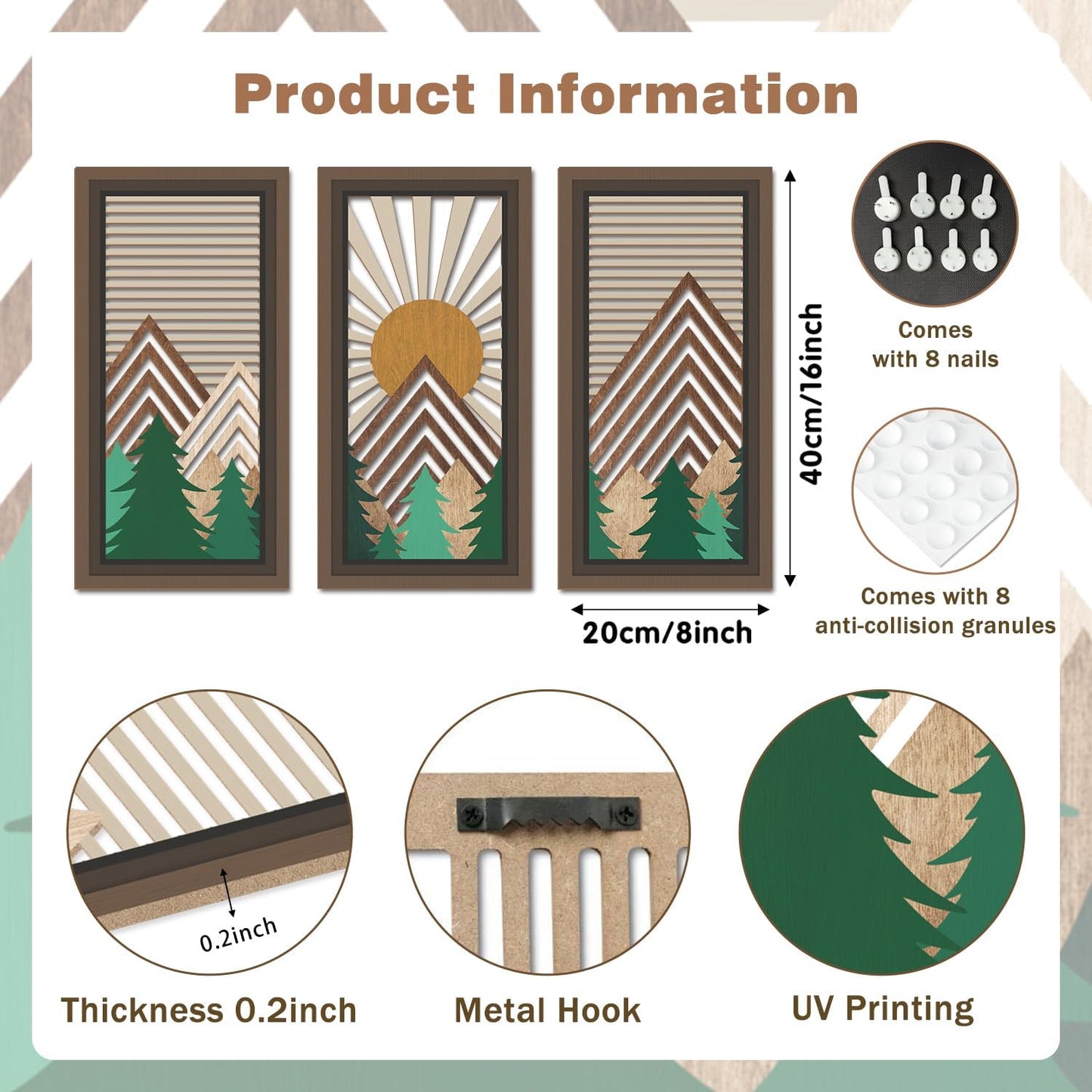 IARTTOP 3 Pcs Boho Mountain Wooden Wall Art Minimalist Geometric Artwork Pine Tree Sunrise Wood Wall Decor Bohemian Forest Hanging Decor for Living Room Bedroom Office 7.9 x15.8 Inch