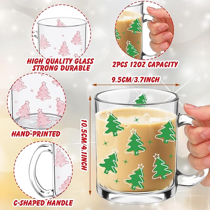 Tioncy Christmas Tree Coffee Mugs with Handle 12oz Christmas Tree Glass Cup Holiday Mugs Winter Christmas Iced Coffee Cup for Xmas Home Office Gifts