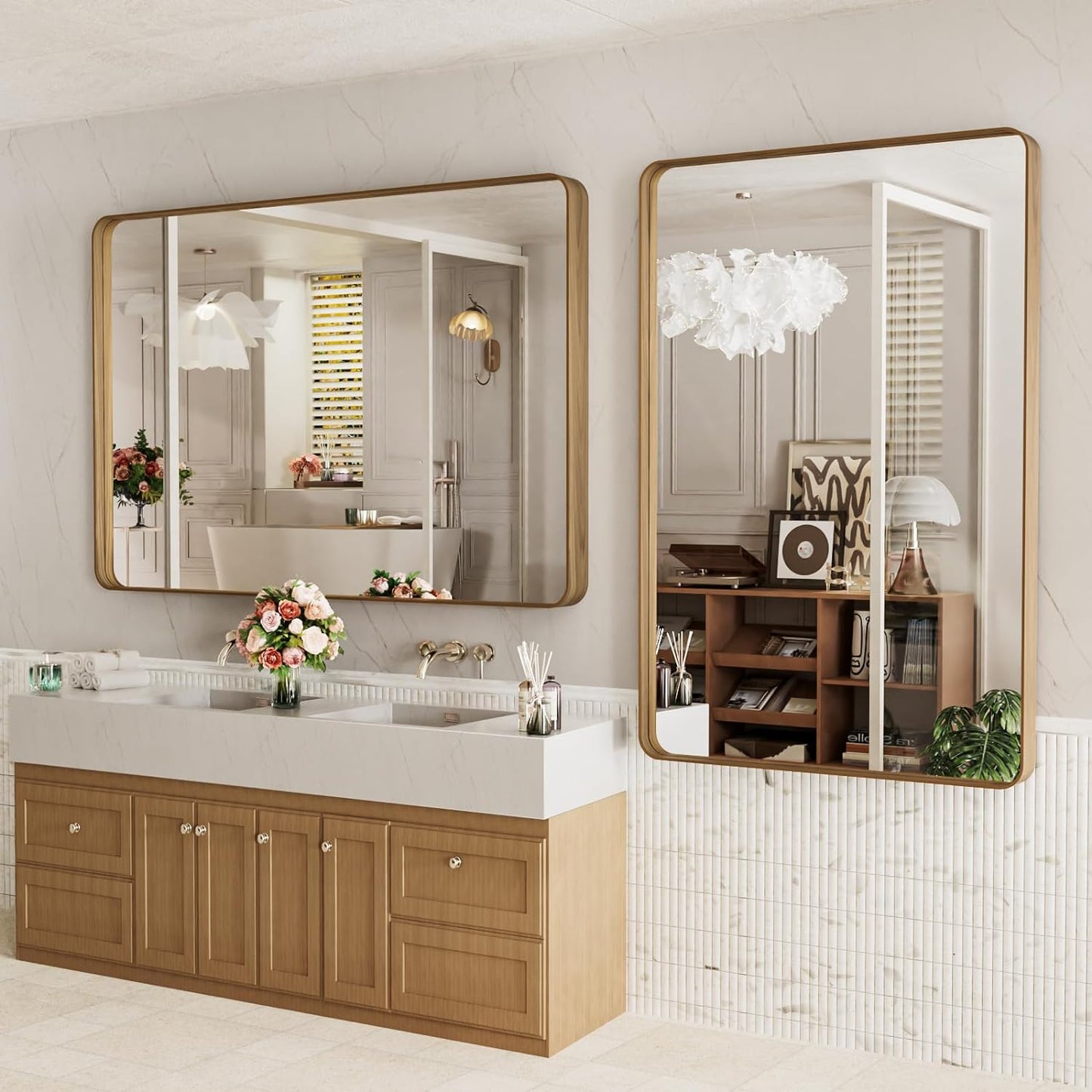 LOAAO 50X30 Inch Bathroom Mirror with Wood Grain Colored Metal Frame, Rounded Rectangle Metal Framed Bathroom Mirror, Anti-Rust, Hangs Horizontally or Vertically, Tempered Glass