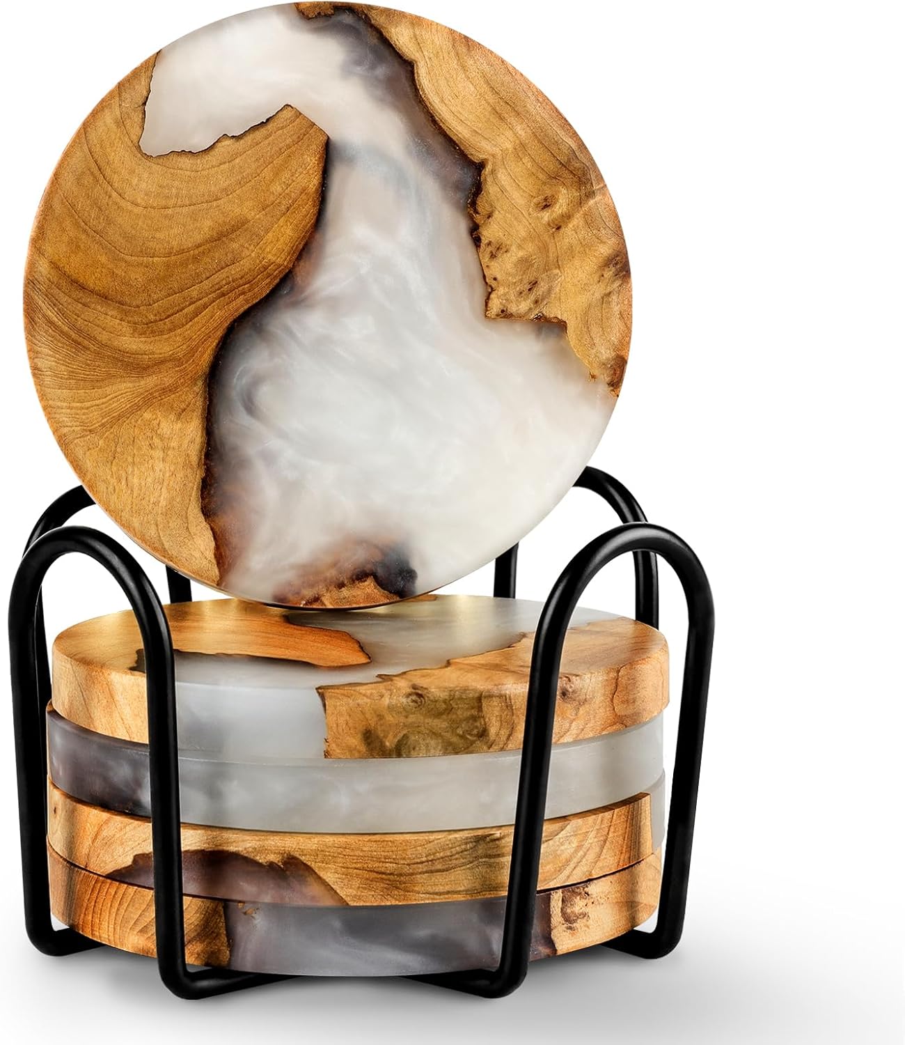 Drink Coaster Set, Wooden Absorbent Coasters, Epoxy Resin Coaster for Coffee Table, Tabletop Protection Decor, Set of 5 with Holder