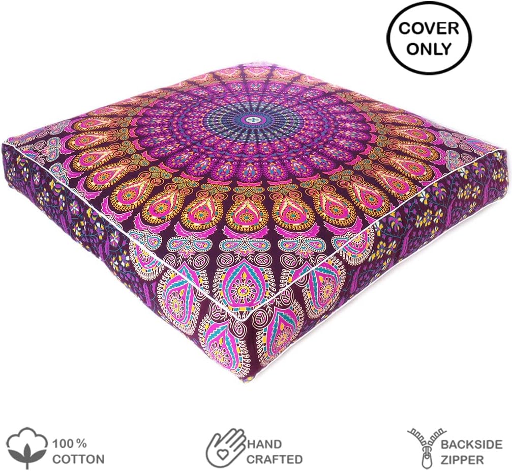 Eyes of India - Mandala Floor Pillow Cover Meditation Cushion Seating Throw Hippie Round Colorful Decorative Bohemian Indian Pouf Ottoman Handmade Cover ONLY (Purple 2, 35" x 35")