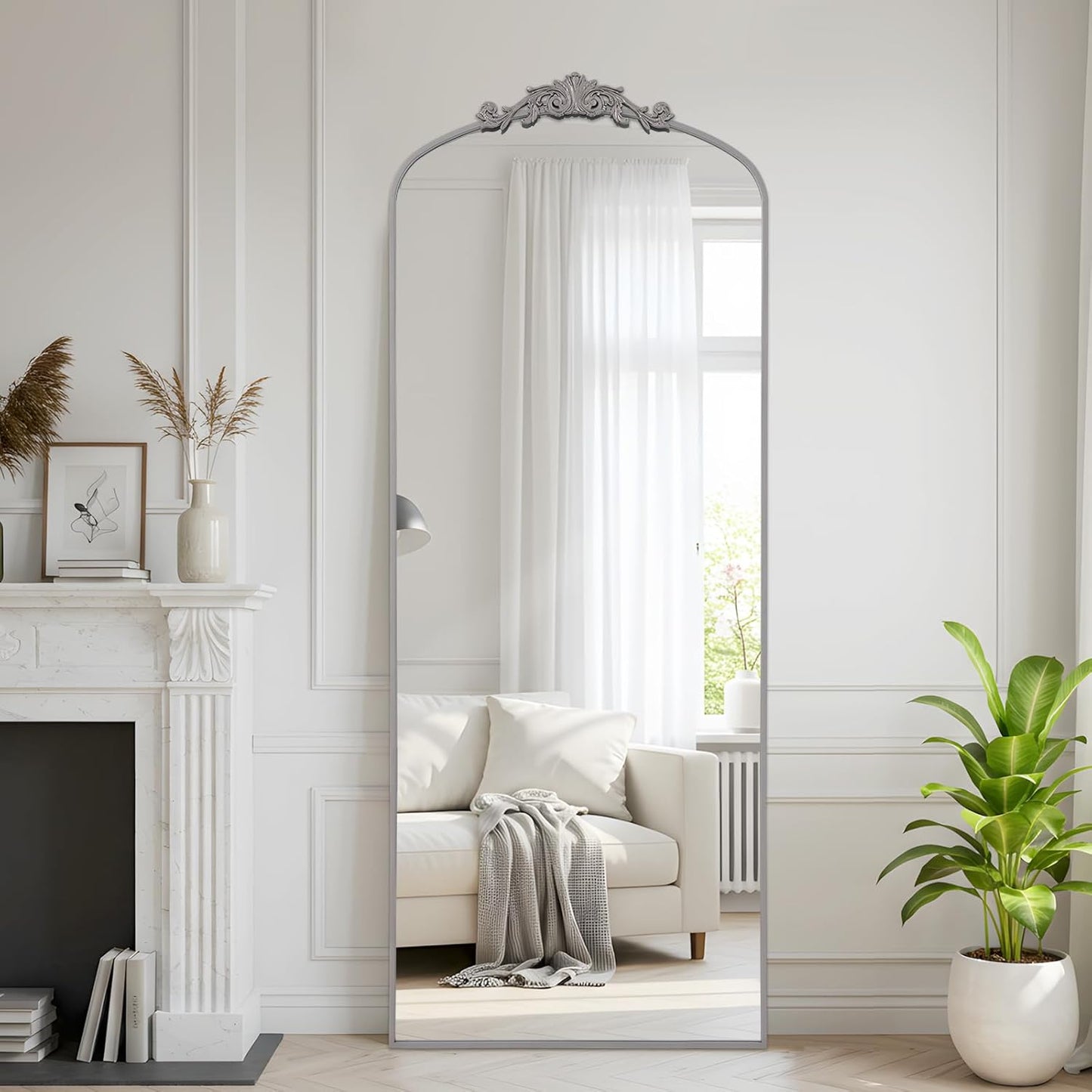 Filigree Floor Mirror 64"x21" Full Length Freestanding with Vintage Ornate Carved Applique Full Body Mirror Hanging Wall Mounted for Living Room Bedroom Retor Home Decor Mirror, Silver