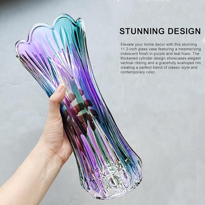 11.2 Inch Glass Vase-Iridescent Purple and Teal Thickened Cylinder Colorful Flower Vase Decor for Home Dining Table Centerpiece Office Wedding Holiday Party