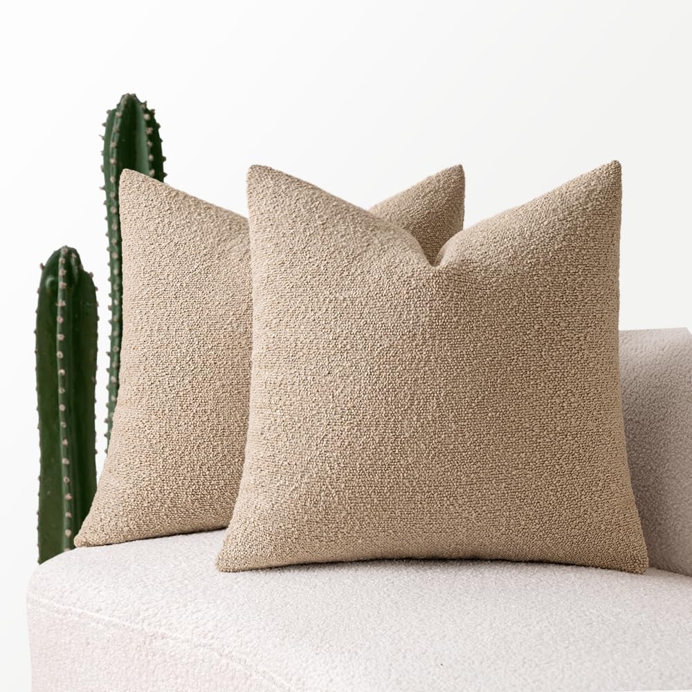 MIULEE 24x24 Decorative Euro Sham Throw Pillows for Bed Set of 2 Textured Boucle Neutral Winter Throw Pillow Covers Khaki Accent Solid Couch Pillowcases Sofa Livingroom Home Decor