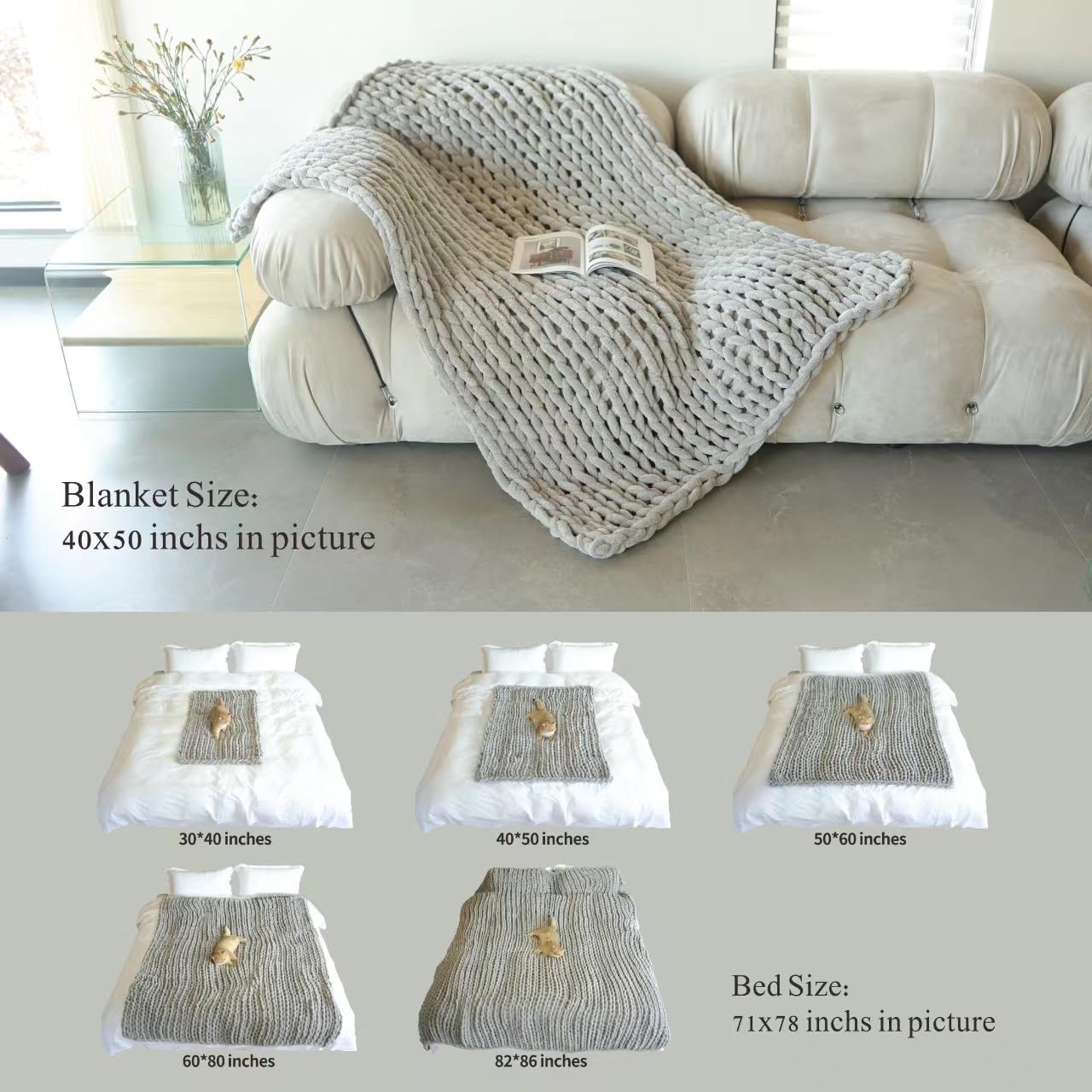 Maetoow Chenille Chunky Knit Blanket Throw （40×50 Inch）, Handmade Warm & Cozy Blanket Couch, Bed, Home Decor, Soft Breathable Fleece Banket, Christmas Thick and Giant Yarn Throws, White