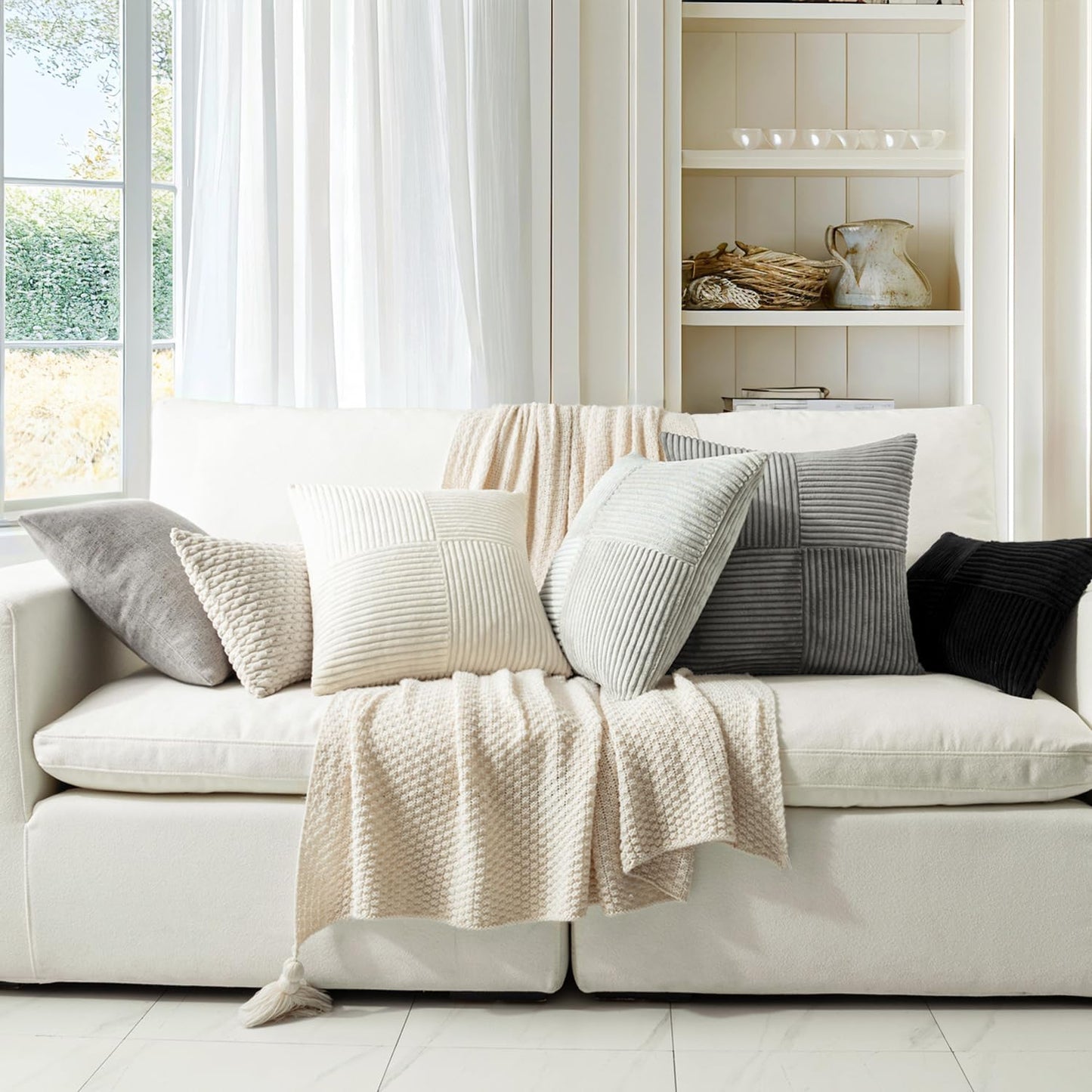 MIULEE Black Corduroy Pillow Covers Pack of 2 Boho Decorative Spliced Throw Pillow Covers Soft Solid Couch Pillowcases Cross Patchwork Textured Cushion Covers for Living Room Bed Sofa 12x24 inch