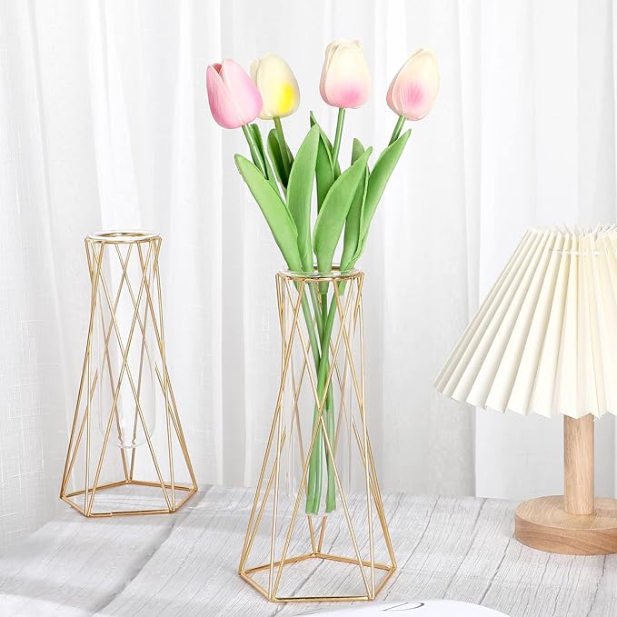 4 Pcs Gold Geometric Vase for Centerpieces Metal Flower Stand with Glass Cylinder Hydroponic Plant Flower Vase for Home Floor Office Wedding