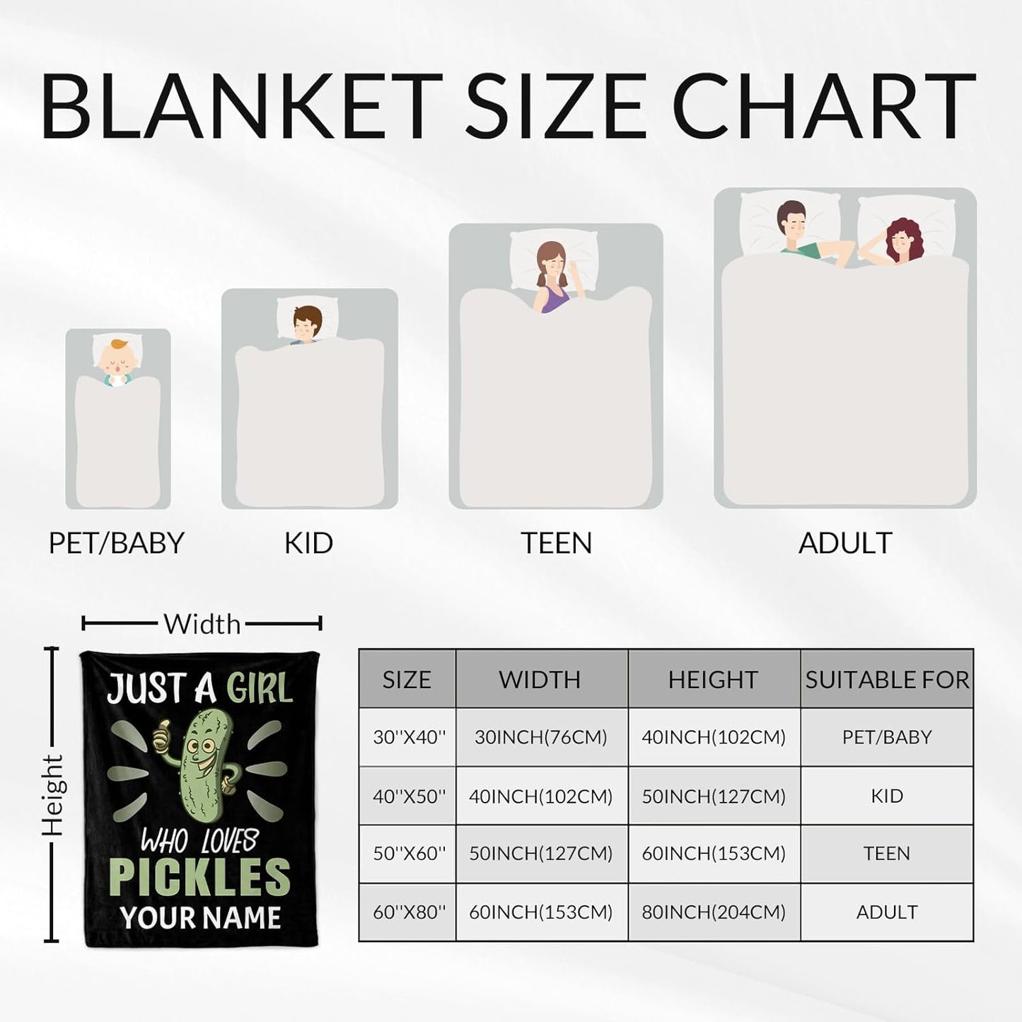 Custom Pickle Blanket for Girls - 40x50 Inches Flannel Throw with Name - Soft Fuzzy Plush Throws Gift - Black Novelty Blanket for Couch, Sofa