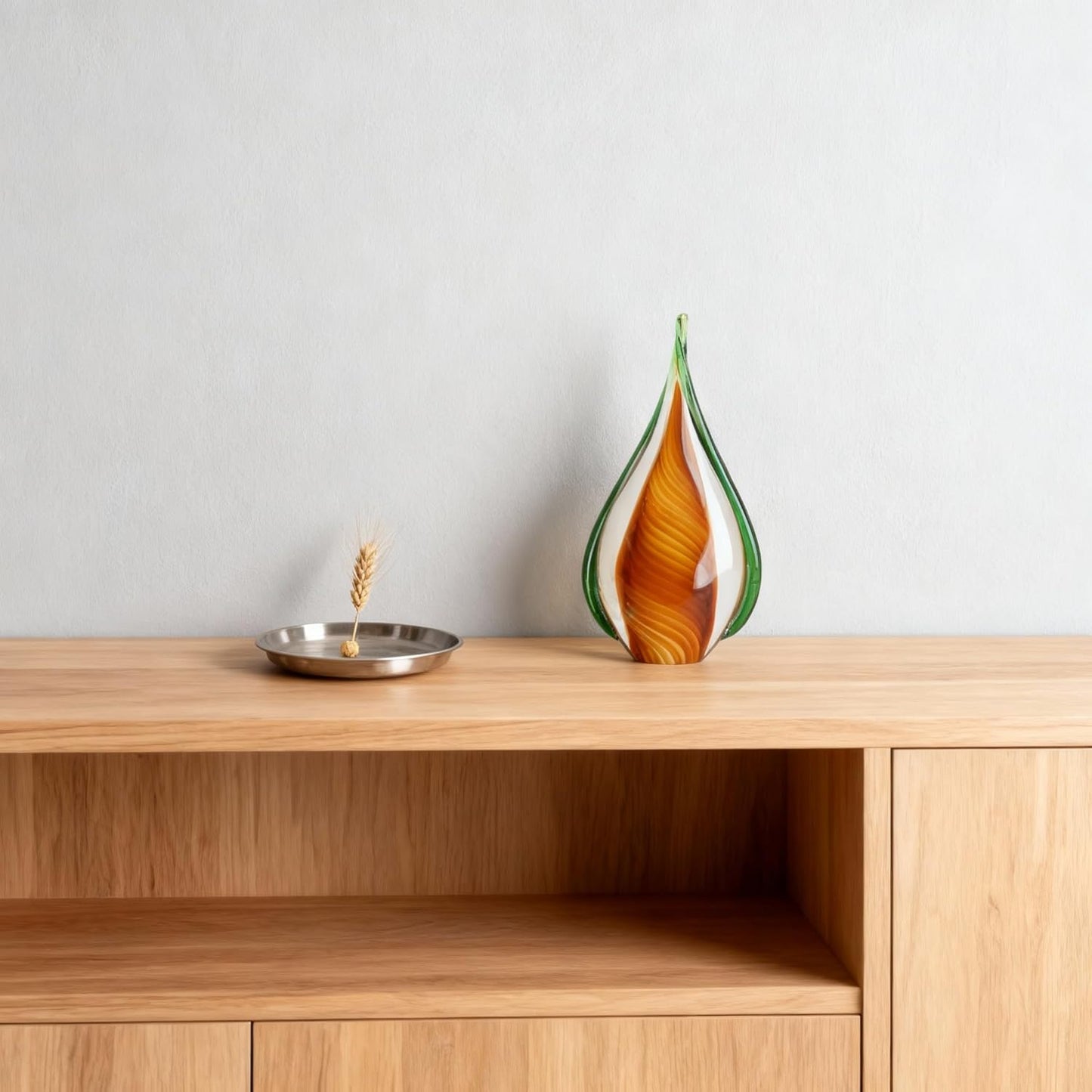 DOVDOV Blown Glass Sculpture, Green and Brown Glass Art Collectible Statue, Unique Teardrop Ornament, Suitable for Office, Bookshelf, Dressing Table, Living Room Coffee Table, or Mantelpiece Display.