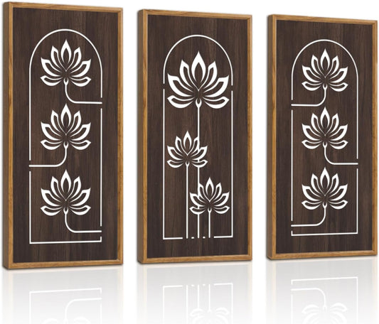 KAIRNE Lotus Wooden Wall Art,Vintage Farmhouse Room Decor,Set of 3(16” X 8”),Framed Mandala Lotus Flowers Wall Decor,Brown Retro Wood Hanging Board for Living Room yoga room Office Decoration