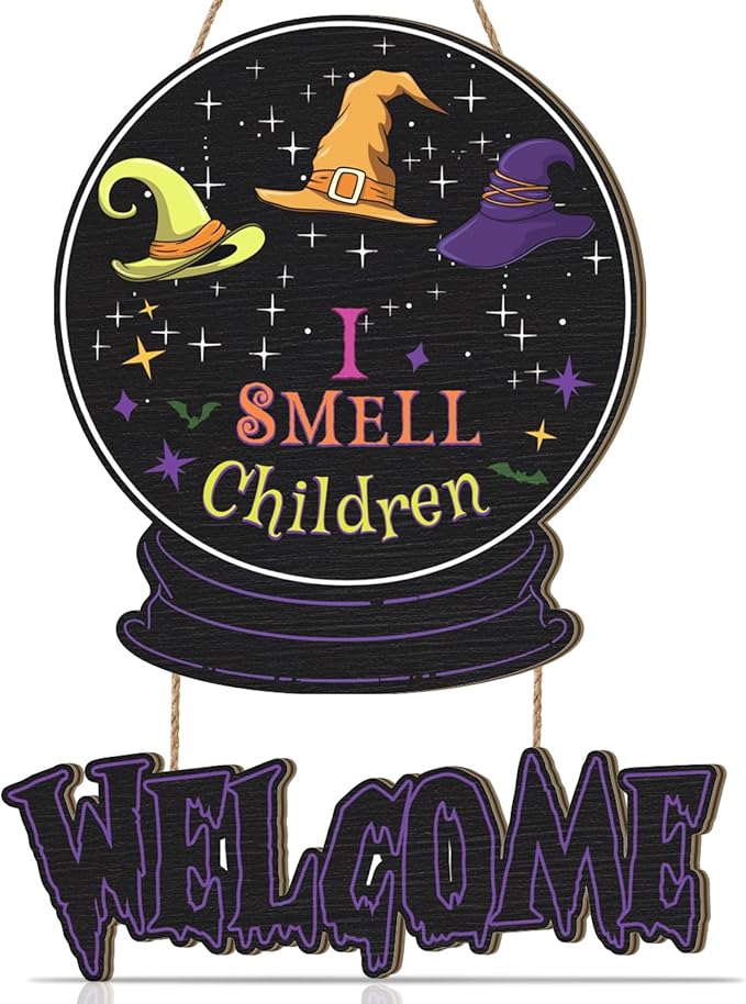 Welcome Halloween Door Sign,I Smell Children Sign,Hocus Pocus Halloween Decoration,Witches Door Decor Magic,Purple Crystal Ball Witches Wall Decor for Outdoor Indoor Home Porch Yard Party