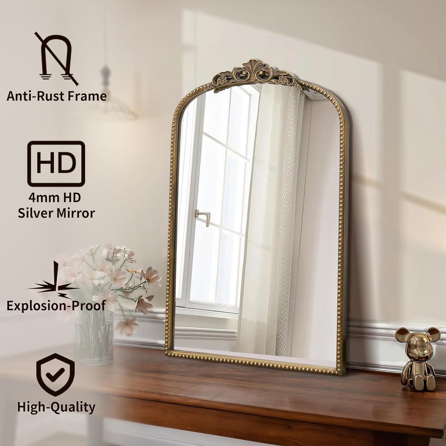 Micasso Vintage Wall Gold Mirror: 31"x 19" French Baroque Antique Mirror - Traditional Ornate Decorative Arched Mirrors for Wall/Bathroom/Entryway/Fireplace/Hallway - Home Decor for Living Room